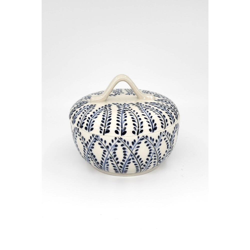Vietnamese Hand-Painted Ceramic Lidded Bowl with Blue Vine Motif